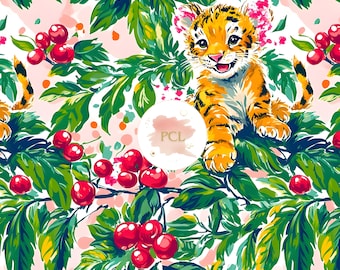 Tiger and Cherry Seamless Pattern: Jungle Fabric Print (Digital Download)