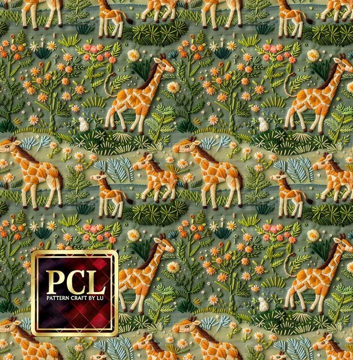 Embroidered Giraffe Safari Pattern: Seamless Fabric Design (digital ...