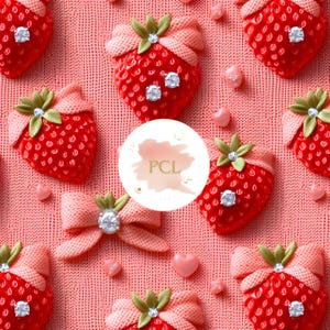 Coquette Strawberry Heart Seamless Pattern, Valentine Digital Paper, Pink Red Bow Print for Sublimation, Fabric Design, Wallpaper Background