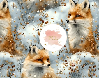 Watercolor Fox Digital Paper, Cute Winter Woodland Animal Design, Seamless Fox Illustration, Baby Nursery Decor Print
