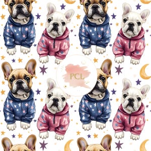 French Bulldog Seamless Pattern, Cute Dog Pajamas Print, Moon & Stars Puppy Fabric, Digital Paper, Pet Lover Scrapbooking PNG
