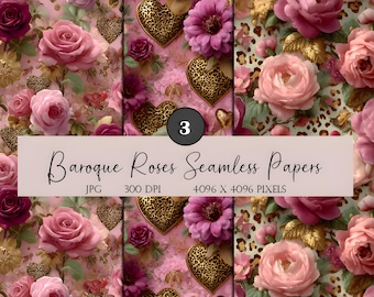 Romantic Rose Seamless Pattern Set – Luxury Pink Floral Digital Paper, Elegant Roses Background, Valentine Scrapbook Paper, Fabric Print