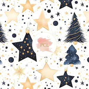 Black and Gold Christmas Seamless Pattern Winter Star Tree Digital Paper Festive Holiday Background Clipart for Crafts