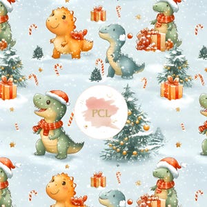 Modello di dinosauro T-Rex natalizio, carta digitale per le feste, simpatico sfondo di dinosauro per lavoretti e decorazioni per bambini