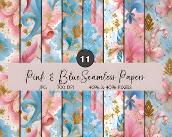 Conjunto de papel digital floral pastel: padrões contínuos em rosa, azul e dourado (download digital)