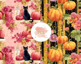 Padrão de gato preto com abóbora brilhante sem emendas: Papel digital assustador de Halloween (download em JPG)