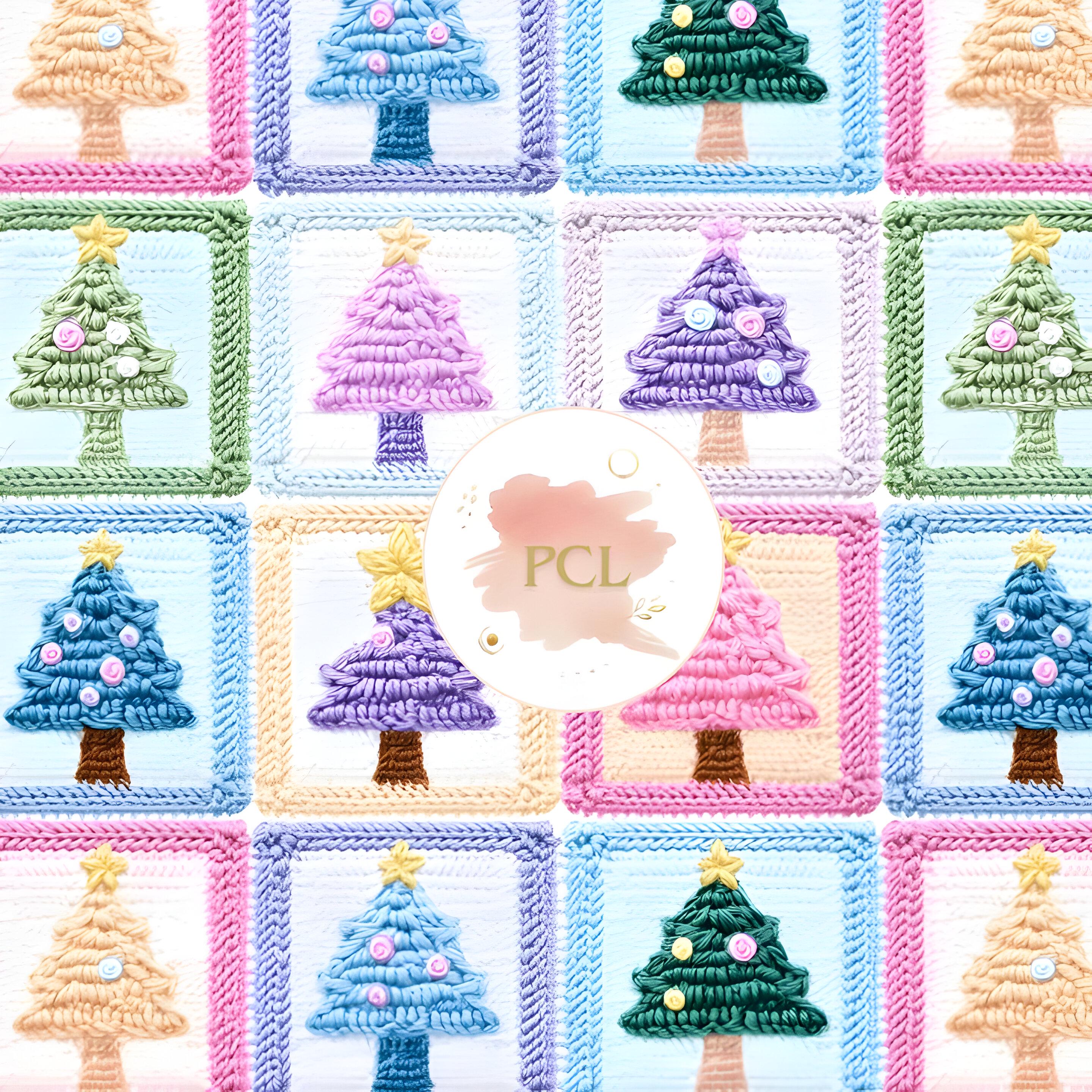 Christmas Tree Crochet Digital Paper, Crochet-Style Holiday Print Pattern, Pastel Texture Granny Square Trees, Scrapbooking & Card Making
