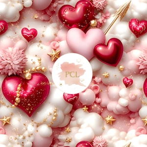 Peut inclure: Un motif sans couture composé de cœurs roses et rouges, d'étoiles dorées et de nuages blancs sur un fond rose. Le motif est parfait pour la Saint-Valentin ou toute occasion romantique.