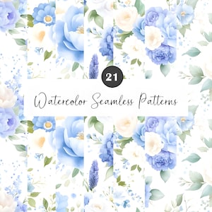 Blue Watercolor Floral Paper, Seamless Pattern JPG, Shabby Chic Digital Paper, Wildflower Scrapbook, Vintage Junk Journal, Fabric Print
