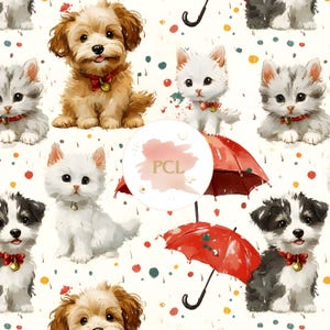 Retro Dog and Cat Seamless Pattern Digital Paper Cute Pet Umbrella Background for Scrapbooking Sublimation Crafts Fabric Print JPEG