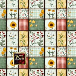 Könnte beinhalten: Ein nahtloses Muster mit einem Patchwork-Design mit verschiedenen floralen Motiven. Das Muster enthält Sonnenblumen, Gänseblümchen und andere Wildblumen in Gelb-, Rot- und Grüntönen. Der Hintergrund ist eine Mischung aus weißen, roten und grünen Karomustern.