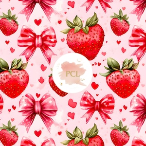 May include: A seamless pattern featuring red strawberries, pink bows, and red hearts on a pink background. The pattern is perfect for Valentine's Day or any occasion.
