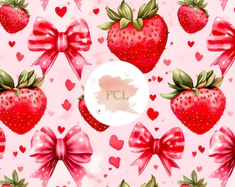 Coquette Valentine Seamless Strawberry Pattern Digital Repeating Sublimation Fabric Design Paper Craft Wallpaper Background