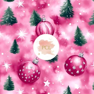 Pink Christmas Pattern, Festive Holiday Digital Paper, Pink Ornament & Tree Seamless Background for Crafts and Fabric