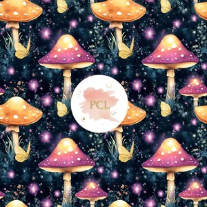 Carta digitale senza soluzione di continuità con funghi magici, motivo foresta al neon, sfondi fantasy, notte luminosa, scrapbooking digitale, uso commerciale