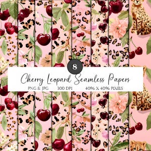 May include: A collection of eight seamless papers with a pink background, featuring cherries, flowers, leopard print, and the text "Cherry Leopard Seamless Papers". The papers are available in PNG and JPG formats, with a resolution of 4096 x 4096 pixels.