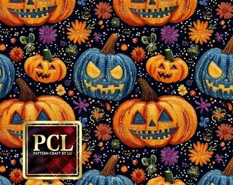 Padrão de abóbora bordada sem costura: tecido floral de Halloween (download digital)
