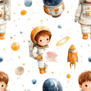 Papel digital para niños con astronautas, fondo espacial sin costuras, bonito patrón del espacio exterior, imágenes prediseñadas de cohetes y planetas para manualidades y álbumes de recortes
