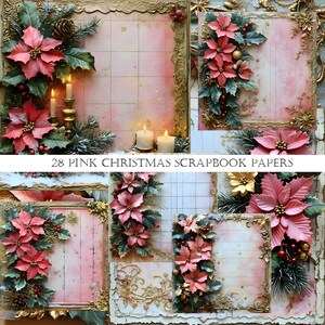 Pink Christmas Junk Journal Pages, Vintage Christmas Scrapbook Printable, Holiday Digital Collage Kit, Printable Christmas Ephemera