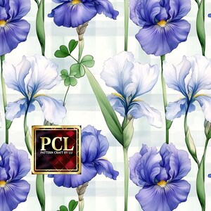 May include: A seamless pattern featuring watercolor illustrations of purple and white iris flowers with green leaves on a white and light blue gingham background. The pattern includes the text "PCL PATTERN CRAFT BY LU".