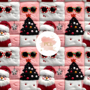May include: A repeating pattern of Christmas-themed squares. The squares feature Santa Claus, sunglasses, Christmas trees, and snowflakes. The color palette includes red, white, pink, and black. The image has a festive and playful aesthetic.