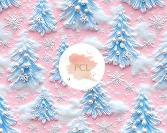 Winter Wonderland Digital Paper: Blue Christmas Trees, Pink Snowflake Pattern (Digital Download)