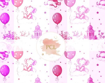 Pink Elephant Toile Seamless Pattern: Baby Nursery Fabric (Digital Download)