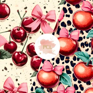 May include: A seamless pattern featuring red cherries with pink bows on a cream background with black speckles. The pattern is repeated on the right side of the image, but with a leopard print background.