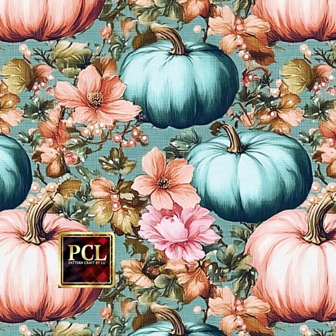Teal and Peach Pumpkin Floral Pattern: Seamless Autumn Design (digital ...