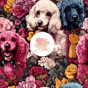 Colorful Poodle Floral Seamless Digital Paper, Vintage Dog Pattern, Roses Poodles Background, Pet Scrapbooking, Commercial Use Fabric Print