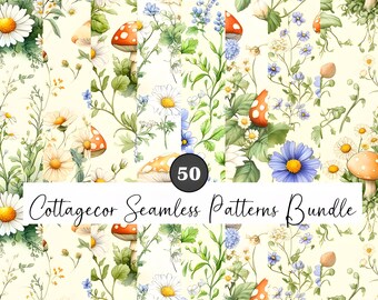 50 Padrões Florais de Cogumelos Cottagecore: Papel de Scrapbook Sem Costura (Download PNG)