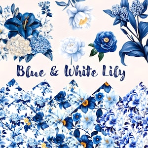 Blue and White Lily Watercolor Clipart and Pattern Bundle Floral Digital Paper Seamless Fabric Print for Scrapbook Stickers and Junk Journal