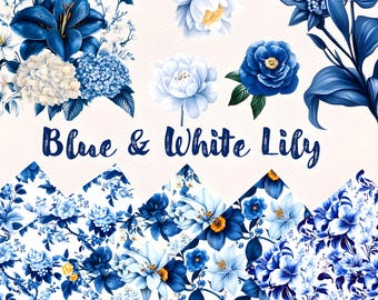 Blue and White Lily Watercolor Clipart and Pattern Bundle Floral Digital Paper Seamless Fabric Print for Scrapbook Stickers and Junk Journal