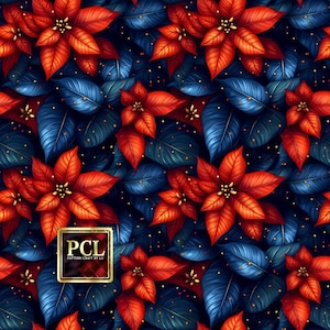 May include: A seamless pattern featuring red poinsettia flowers with gold centers against a dark blue background with gold glitter. The pattern is perfect for holiday crafts and projects.