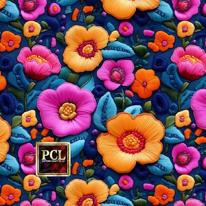 Op de afbeelding: Een naadloos patroon met kleurrijke geborduurde bloemen in tinten roze, oranje en geel op een donkerblauwe achtergrond. De bloemen zijn gedetailleerd met ingewikkelde steken en hebben een 3D-effect. Het patroon is perfect voor stoffen, behang of andere decoratieve projecten.