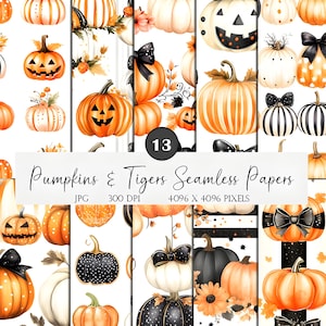 Peut inclure: Une collection de 13 papiers sans couture avec des citrouilles à l'aquarelle. Les motifs incluent des citrouilles orange, blanches et noires avec des visages de jack-o'-lantern et des nœuds décoratifs. Le texte indique "Pumpkins & Tigers Seamless Papers".