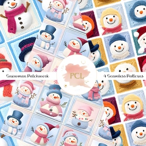 Peut inclure: Un pack de papier numérique avec quatre motifs sans couture représentant des bonhommes de neige en crochet colorés dans différentes poses et chapeaux. Les motifs sont parfaits pour les projets d'artisanat, le scrapbooking et la conception numérique.