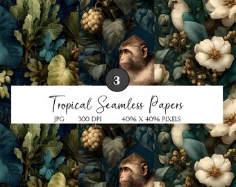 Tropical Jungle Seamless Pattern: Exotic Parrot, Monkey Fabric (Digital Download)
