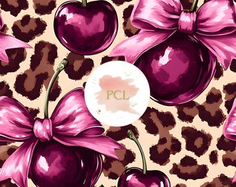 Leopard Print Cherry Seamless Pattern Digital Repeating Sublimation Fabric Design Scrapbooking Paper Craft Background