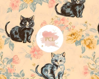 Vintage Floral Cat Digital Paper: Cottagecore Scrapbooking (12x12, 300 DPI)