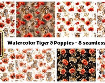 Watercolor Tiger & Poppies Patterns: Floral Jungle Digital Paper (Instant Download)