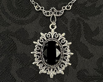 Jet Black Onyx Fleur De Lis Lys French Lily Flower Gothic Victorian Elven Elvish Elf Antiqued Silver Filigree Necklace Choker Pendant
