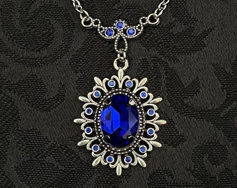 Dark Sapphire Blue Fleur De Lis Lys French Lily Flower Gothic Victorian Elven Elvish Elf Antiqued Silver Filigree Necklace Choker Pendant