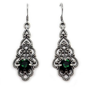 Emerald Green Stones Gothic Antiqued Silver Dangle Drop Earrings Filigree Victorian Edwardian Steampunk Goth Bridal Bride Wedding