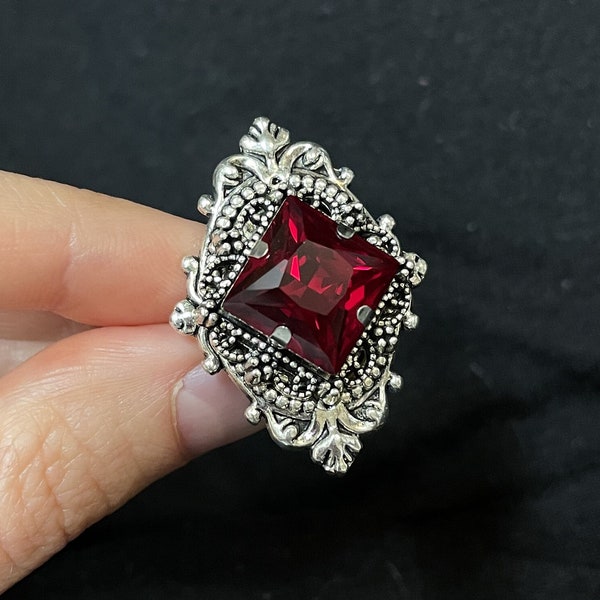 Dark Ruby Red/Garnet Gothic Victorian Filigree Flapper 1920's Style Wedding Edwardian Antique Silver Goth Statement Cocktail Ring