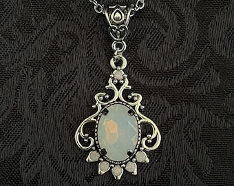 White Opal Romantic Gothic Victorian Goth Vampire Engagement Antiqued Silver Edwardian Filigree Flapper Necklace Choker Pendant