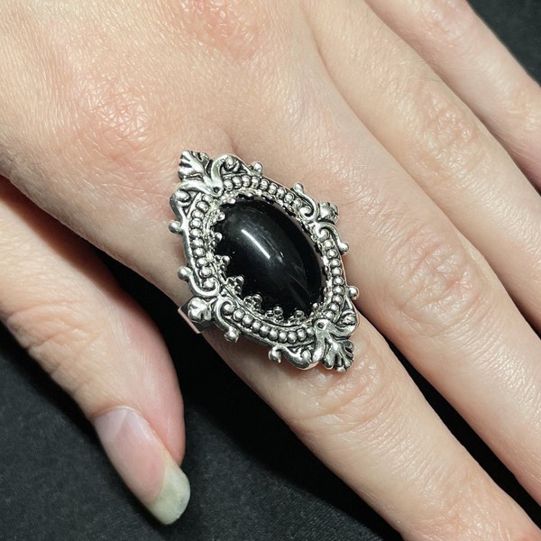 Jet Black Onyx Gothic Victorian Filigree Crown Style Wedding Edwardian Antique Silver Goth Statement Cocktail Ring