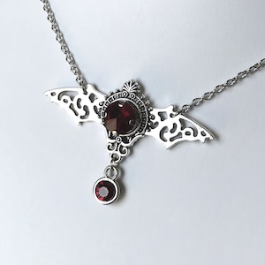 Dark Ruby Red/Garnet Crystals Vampire Queen Bat Gothic Victorian Bridal Wedding Goth Antique Silver Filigree Bats Necklace Choker Pendant