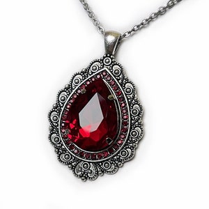 Ruby Red Antique Silver Filigree Goth Victorian Wedding Bridal Necklace Choker Flapper Pendant Elven Elvish Goth Medieval Renaissance