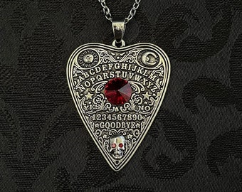 Dark Ruby Red/Garnet Planchette Spirit Board Ouija Medium Seance Skull Sun Moon Heart Gothic Antiqued Silver Necklace Choker Pendant Goth